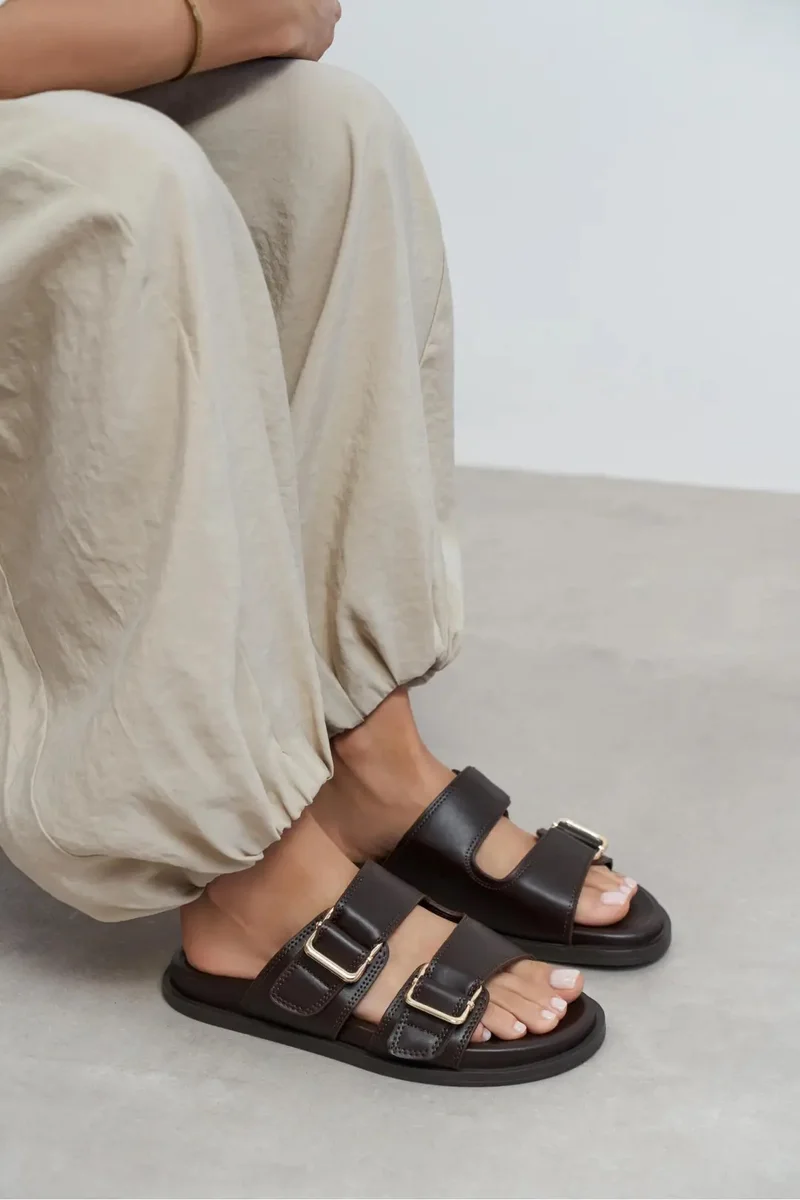 Nisantasi Shoes Larry Matte Double Buckle Detail Flat Slides — Brown