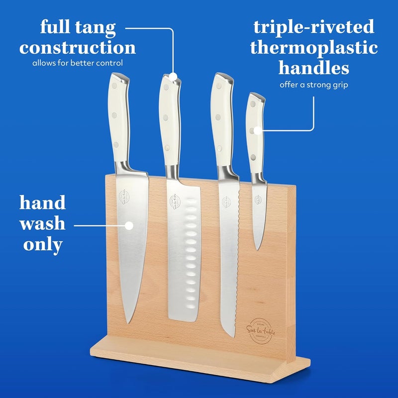 Sur La Table Kitchen Essentials 5 Piece German Steel Blade wTriple Riveted Handle Set on Beechwood Magnetic Block  Linen White - Image 3