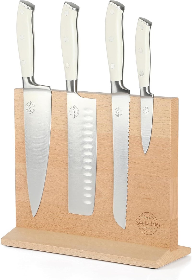 Sur La Table Kitchen Essentials 5 Piece German Steel Blade wTriple Riveted Handle Set on Beechwood Magnetic Block  Linen White - Image 1