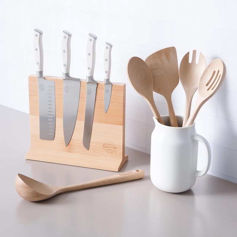 Sur La Table Kitchen Essentials 5 Piece German Steel Blade wTriple Riveted Handle Set on Beechwood Magnetic Block  Linen White - Image 5