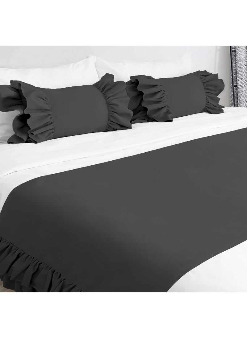Ritmo Home Bed Runner & Stuffed Throw Pillow Set Frilled Black  - Image 2