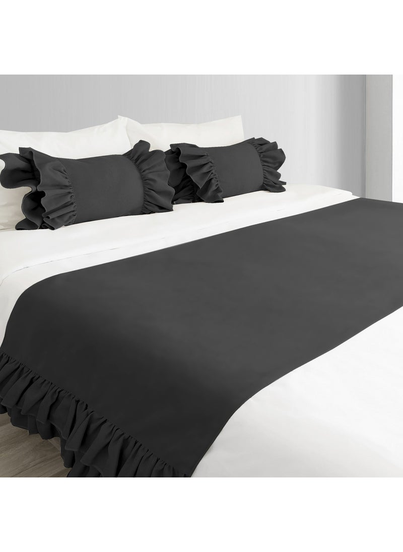 Ritmo Home Bed Runner & Stuffed Throw Pillow Set Frilled Black  - Image 1