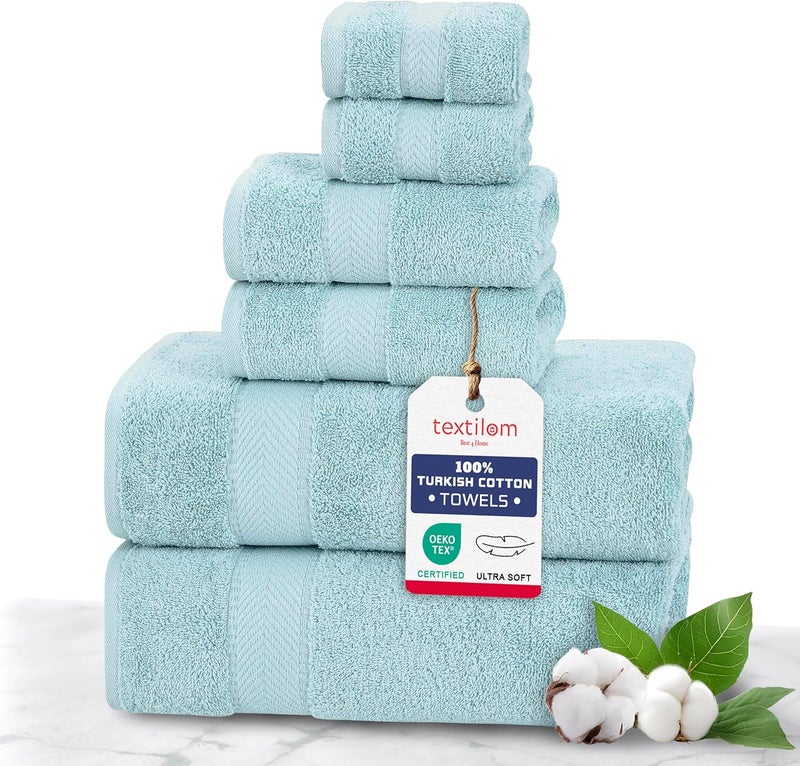 TEXTILOM 100% Turkish Cotton 6 Pcs Luxury Bath Towel Set, Soft & Absorbent Towels for Bathroom (2 Bath, 2 Hand, 2 Washcloths) - Aqua - Image 1