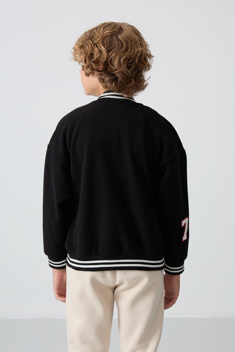 Tommy Life Black Thick Soft Texture Standard Fit Embroidered Fleece Boys College Jacket - 11227 - Image 5