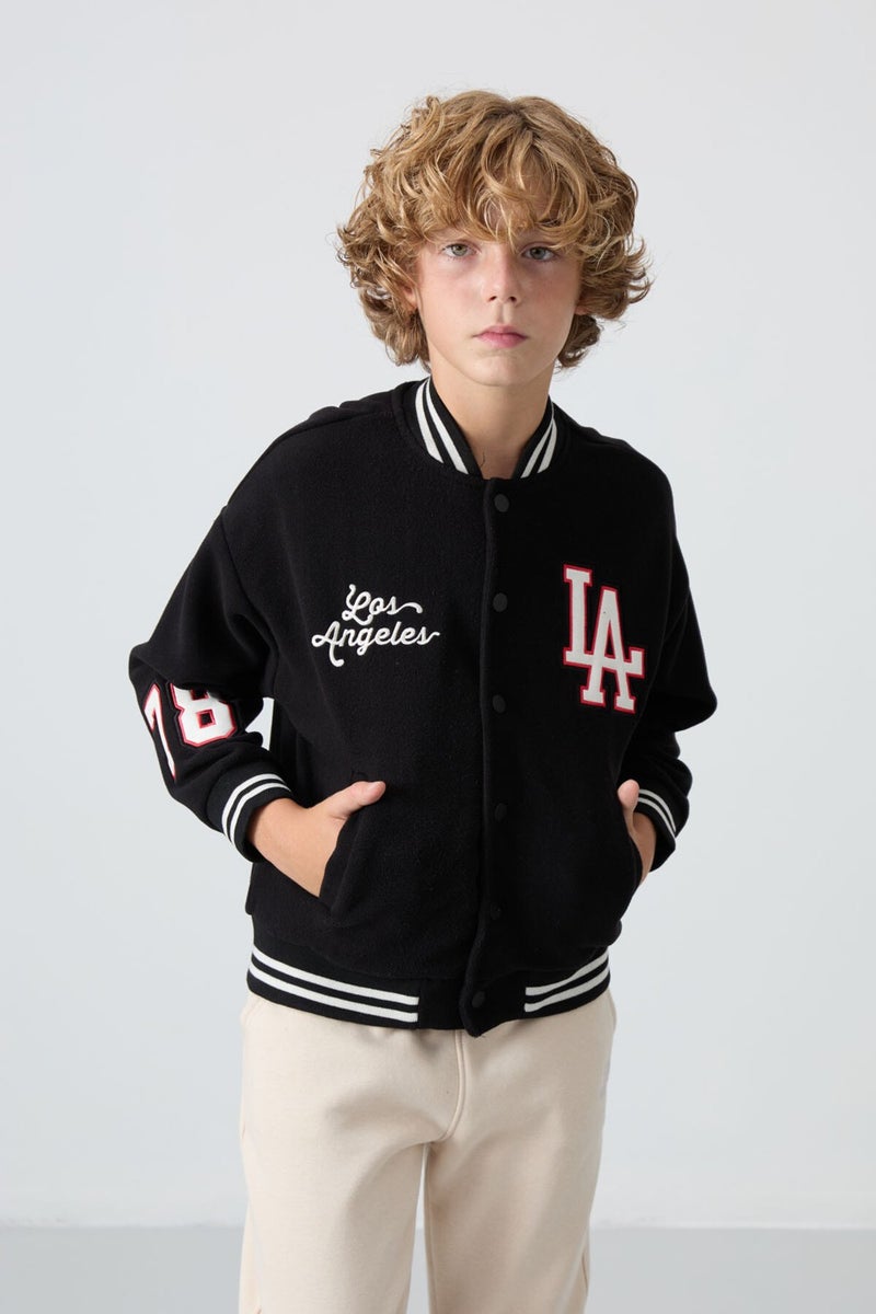 Tommy Life Black Thick Soft Texture Standard Fit Embroidered Fleece Boys College Jacket - 11227 - Image 2