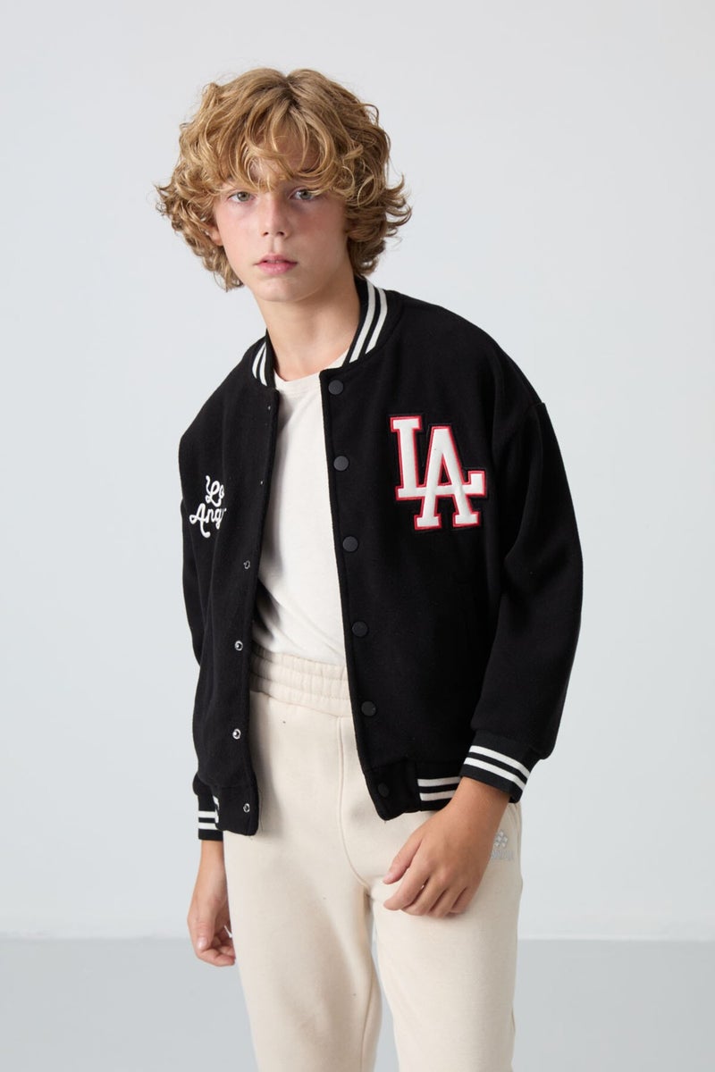 Tommy Life Black Thick Soft Texture Standard Fit Embroidered Fleece Boys College Jacket - 11227 - Image 1