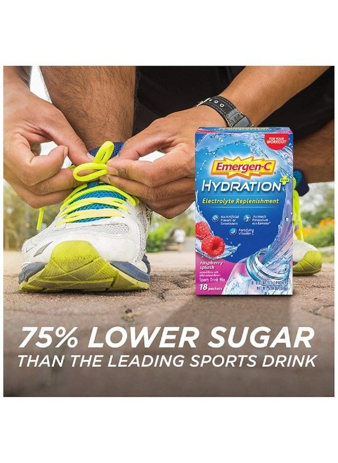 Emergen-C - Hydration+ Sports Drink Mix With Vitamin C ( Raspberry Flavor), Electrolyte Replenishment, 18 Count(Pack of 1) - Image 1
