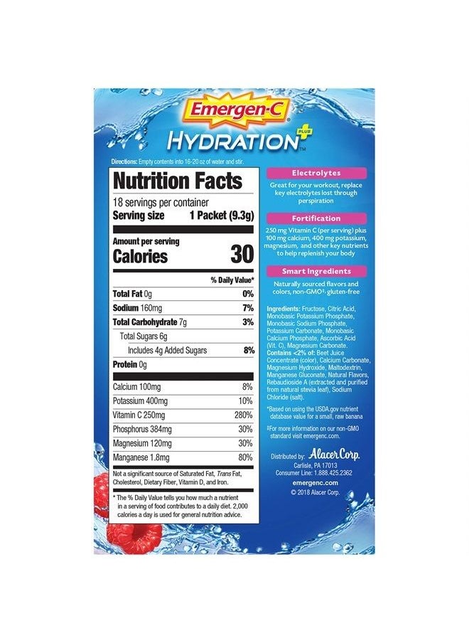 Emergen-C - Hydration+ Sports Drink Mix With Vitamin C ( Raspberry Flavor), Electrolyte Replenishment, 18 Count(Pack of 1) - Image 1