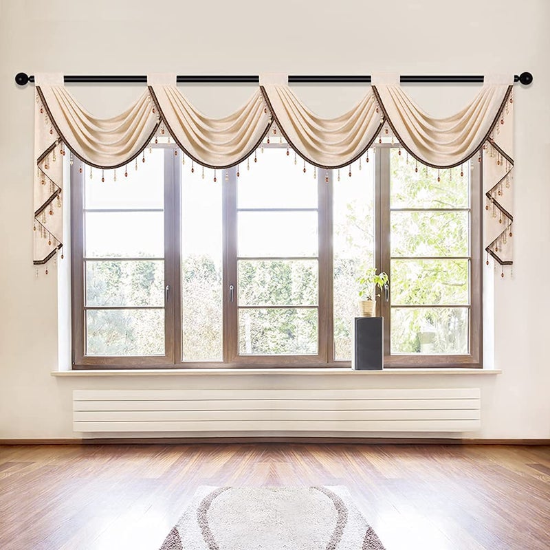 ELKCA Beige Chenille Waterfall Valance for Living Room4 Hollow Swag Valance for Bedroom Kitchen Curtains Rod Pocket 1 Panel