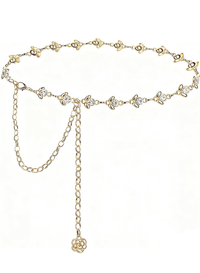 هابي دي حزام سلسلة للنساء بحجر الراين كريستال حزام الخصر المعدني حزام الخصر المعدني للنساء والفتيات حزام رابط الجسم القابل للتعديل مجوهرات بطن أنيقة للبنطلونات والفساتين (ذهبي) - Image 1