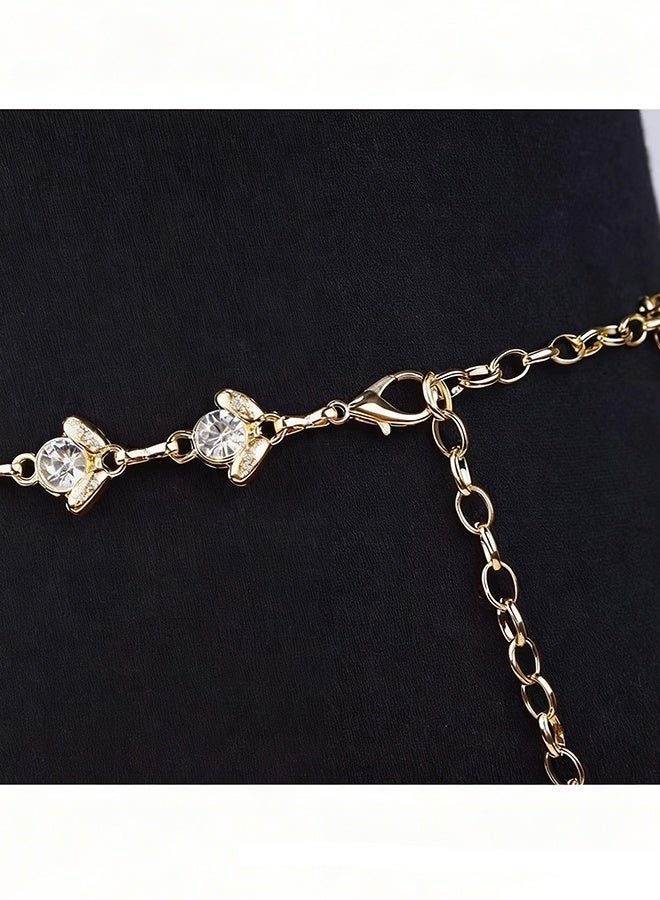 هابي دي حزام سلسلة للنساء بحجر الراين كريستال حزام الخصر المعدني حزام الخصر المعدني للنساء والفتيات حزام رابط الجسم القابل للتعديل مجوهرات بطن أنيقة للبنطلونات والفساتين (ذهبي) - Image 4