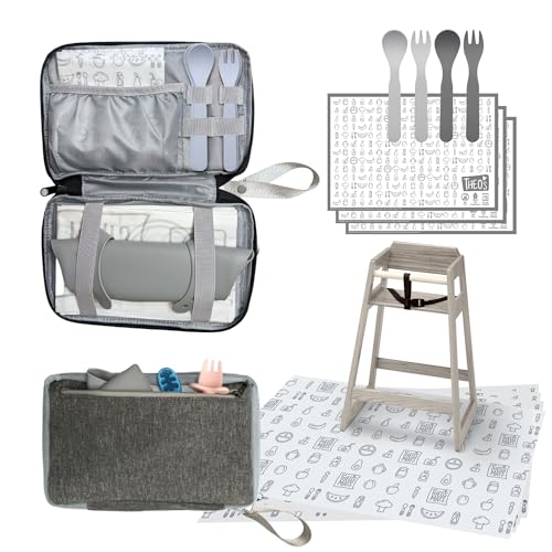 THEO'S Baby Led Weaning Supplies 12 Piece Clutch - Mealtime Essentials With 4 Disposable Splat Mats For Under High Chair, 3 Eco-Friendly Stick On Placemats, 2 Sets Ergonomic Plant Based Spoons & Forks - Image 1