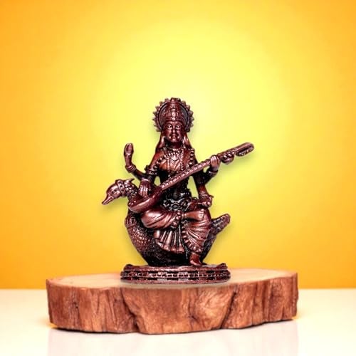 RAISOM Pure Handmade Copper Mini Saraswati Idol | Platina Antique Finish | Ideal for Home Temple, Car Dashboard, Gifting, Housewarming & Home Decor | Height: 5.5 cm, Weight: 90 Grams - Image 1