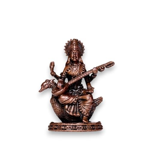 RAISOM Pure Handmade Copper Mini Saraswati Idol | Platina Antique Finish | Ideal for Home Temple, Car Dashboard, Gifting, Housewarming & Home Decor | Height: 5.5 cm, Weight: 90 Grams - Image 3