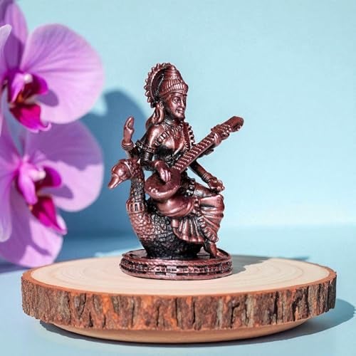 RAISOM Pure Handmade Copper Mini Saraswati Idol | Platina Antique Finish | Ideal for Home Temple, Car Dashboard, Gifting, Housewarming & Home Decor | Height: 5.5 cm, Weight: 90 Grams - Image 5
