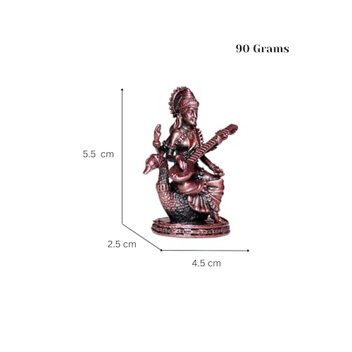 RAISOM Pure Handmade Copper Mini Saraswati Idol | Platina Antique Finish | Ideal for Home Temple, Car Dashboard, Gifting, Housewarming & Home Decor | Height: 5.5 cm, Weight: 90 Grams - Image 2