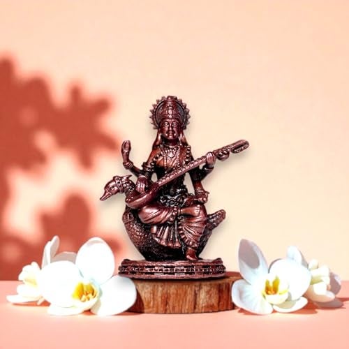 RAISOM Pure Handmade Copper Mini Saraswati Idol | Platina Antique Finish | Ideal for Home Temple, Car Dashboard, Gifting, Housewarming & Home Decor | Height: 5.5 cm, Weight: 90 Grams - Image 4