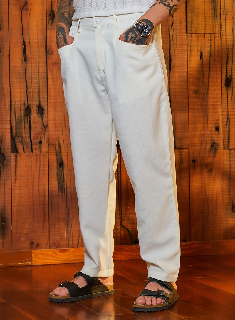 Campus Sutra Men's Chalk White Straight Linen-Blend Trousers - Image 1