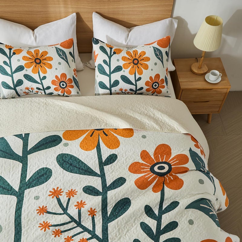 Yogeneg King Quilt Bedding Set,White Orange Botanical Pattern Beige King/Cal King Quilt Set,3 Piece Lightweight Soft Summer Bedspread Coverlet with 2 PIillow Shams,All Season(Beige,110"x96") - Image 3