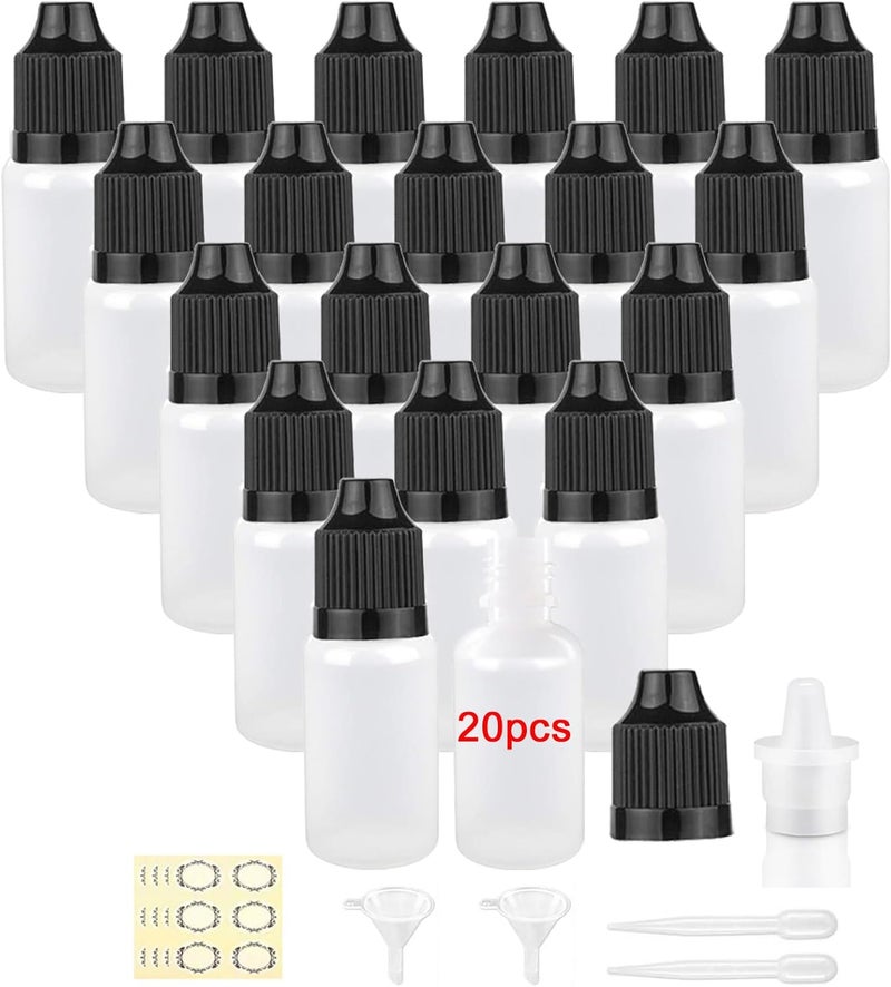 20 قطعة، عبوات قطارة بلاستيكية سعة 20 مل، عبوات قطارة سائلة فارغة قابلة للضغط، موزع عينات لقطرات العين، عبوات قطارة للدهان الأبيض مع غطاء، قمع، ملصق، قطارة للزيوت الأساسية. - Image 1