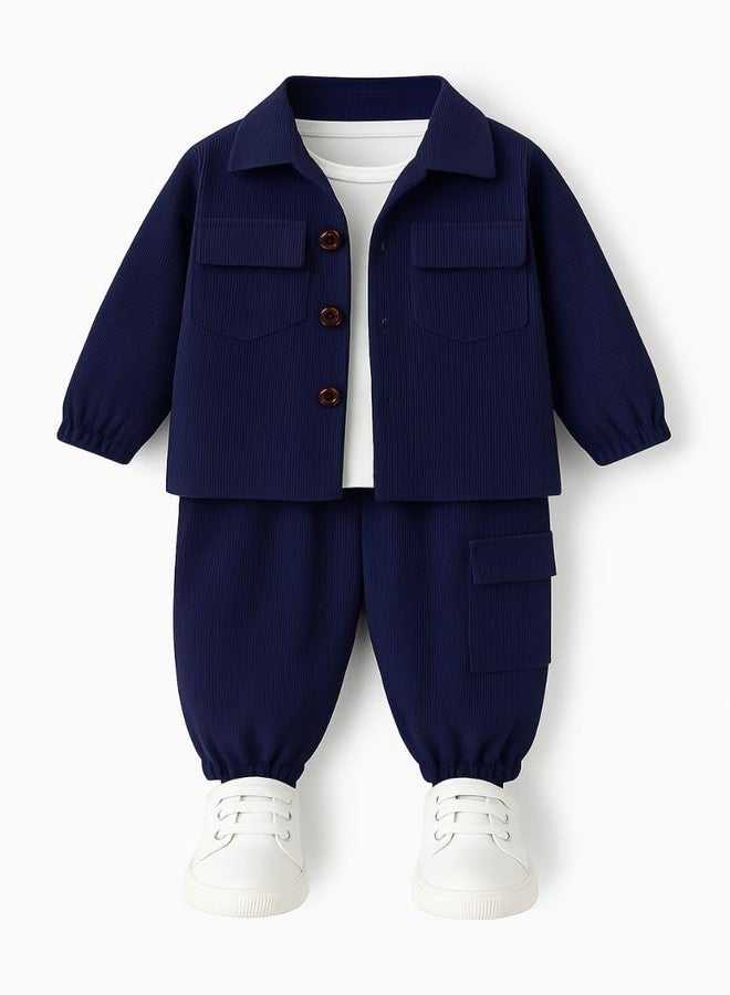 ocvito Kids Boys navy blue Stylish Shirt & Pant Clothing Set, Solid Casual Outfit with Front Button Shirt & Elastic Waist Pants, Comfortable Party & Dress for Kids.6-7 years - Image 1