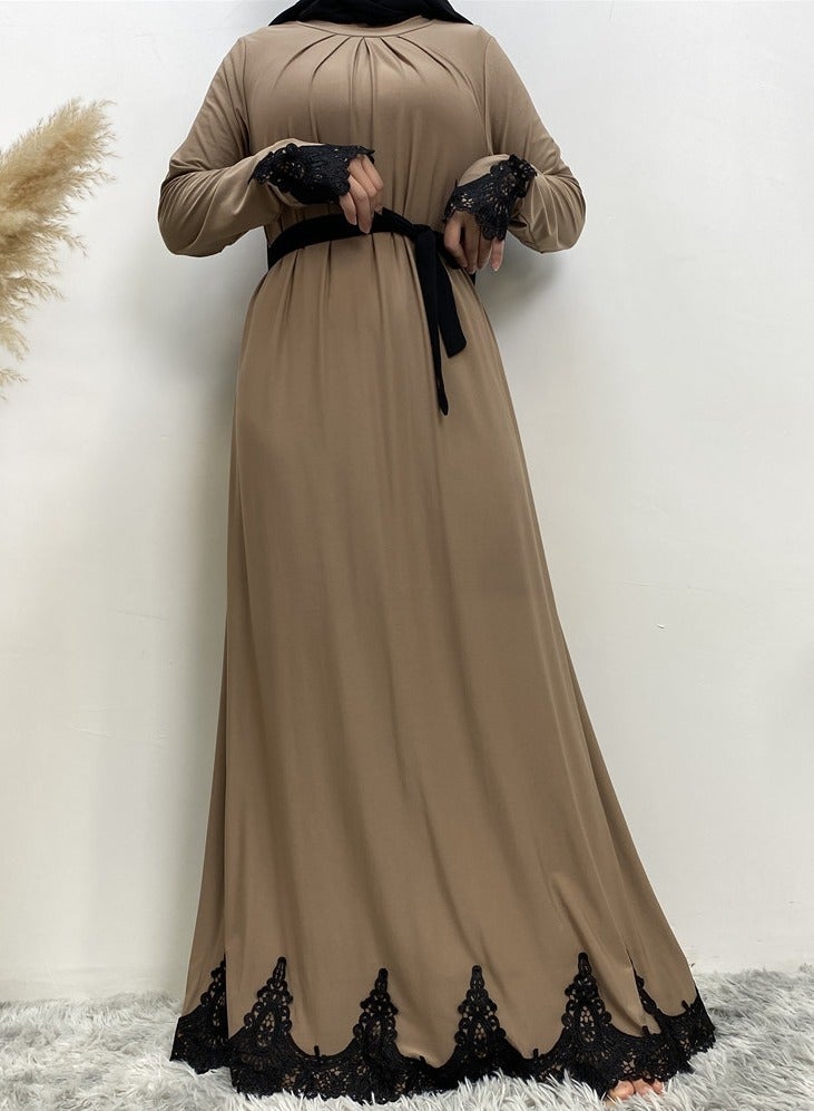 Long Sleeves Abaya With Hijab Brown 