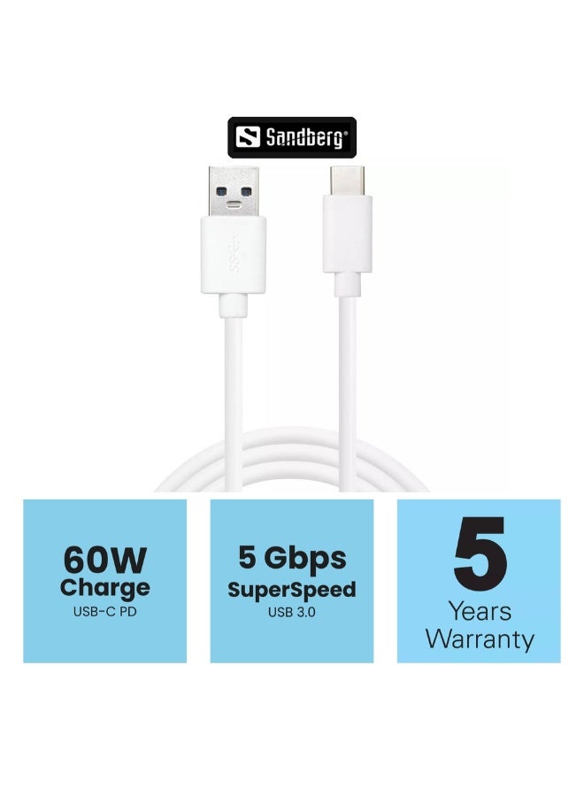 Sandberg USB-A to USB-C Cable, Fast Charging and Data Sync Cable, Durable Design for iPhone 17/16 Plus/Pro/Pro Max, Samsung Galaxy S26/S25, Google Pixel 8, iPad Pro and More, Compatible with All USB-C Devices, White - Image 1