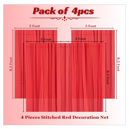 1iAM 4pcs Red Decoration Net Curtains - Large Size, Stitched with Ribbon, Nylon Made, Reusable, Soft, Wrinkled Free, 8.5x5ft Each, Backdrop Net for Birthday, Anniversary Party Decoration - Image 2