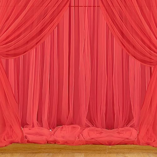1iAM 4pcs Red Decoration Net Curtains - Large Size, Stitched with Ribbon, Nylon Made, Reusable, Soft, Wrinkled Free, 8.5x5ft Each, Backdrop Net for Birthday, Anniversary Party Decoration - Image 1