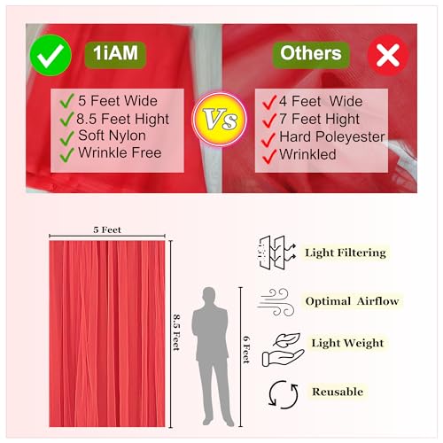 1iAM 4pcs Red Decoration Net Curtains - Large Size, Stitched with Ribbon, Nylon Made, Reusable, Soft, Wrinkled Free, 8.5x5ft Each, Backdrop Net for Birthday, Anniversary Party Decoration - Image 4