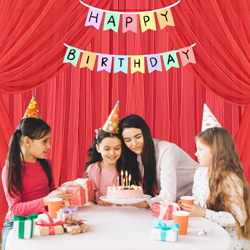 1iAM 4pcs Red Decoration Net Curtains - Large Size, Stitched with Ribbon, Nylon Made, Reusable, Soft, Wrinkled Free, 8.5x5ft Each, Backdrop Net for Birthday, Anniversary Party Decoration - Image 3