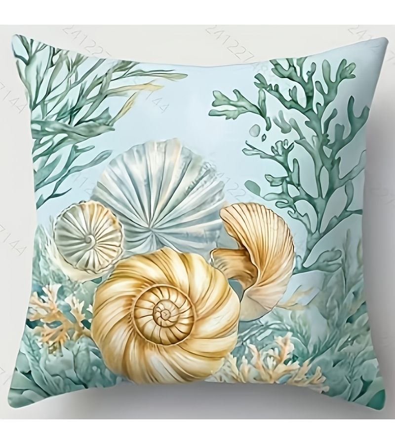 4pcs Light Blue Ocean Themed Pillow Covers Featuring Seahorses Shells Starfish And Turtles In Watercolor Style With Algae And Coral Accents Polyester 19.69inch By 19.69inch For Home Decor - Image 5