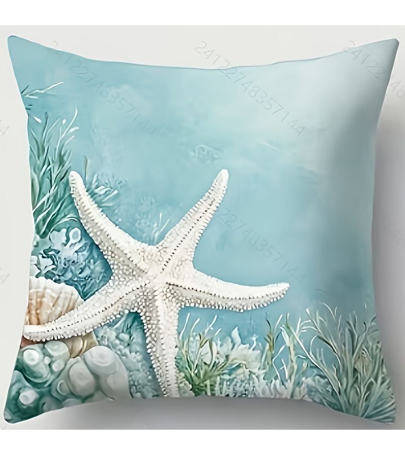 4pcs Light Blue Ocean Themed Pillow Covers Featuring Seahorses Shells Starfish And Turtles In Watercolor Style With Algae And Coral Accents Polyester 19.69inch By 19.69inch For Home Decor - Image 4