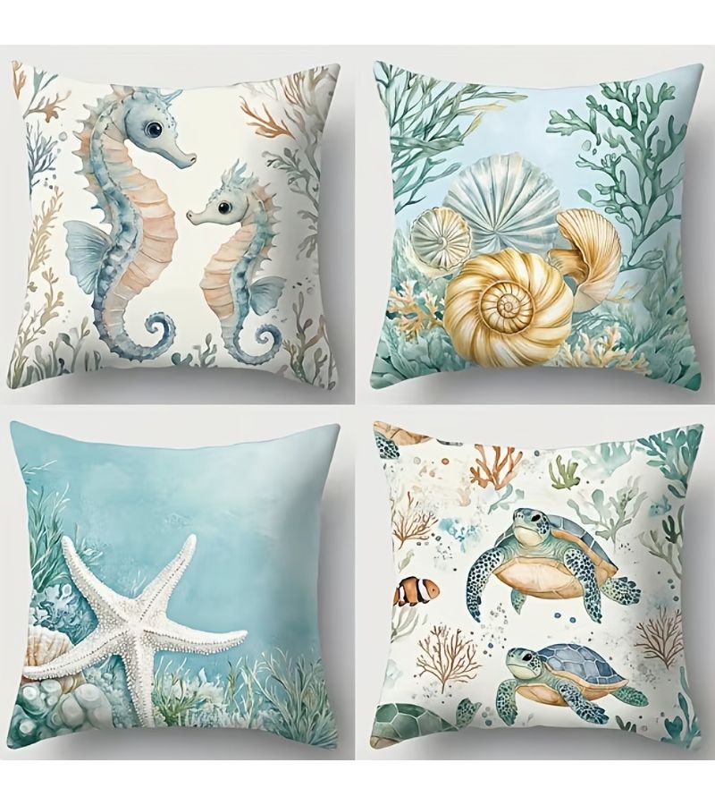 4pcs Light Blue Ocean Themed Pillow Covers Featuring Seahorses Shells Starfish And Turtles In Watercolor Style With Algae And Coral Accents Polyester 19.69inch By 19.69inch For Home Decor - Image 1