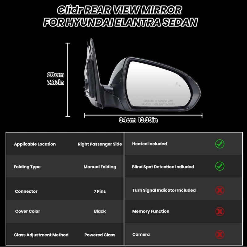 Clidr Passenger Side Mirror for 2017-2020 Hyundai Elantra - Heated, Manual Folding with Blind Spot Detection - Image 3