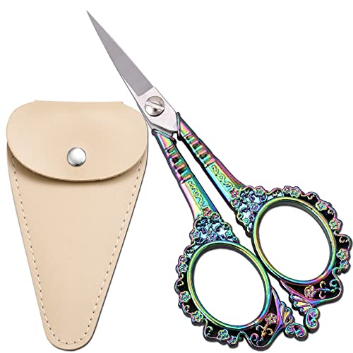 HITOPTY Embroidery Scissors, 4.5in Small Sharp Pointed Tip Vintage Detail Shears with Sheath for Craft, Sewing, Thread Cutting, Artwork, Needlework Rainbow - Image 1