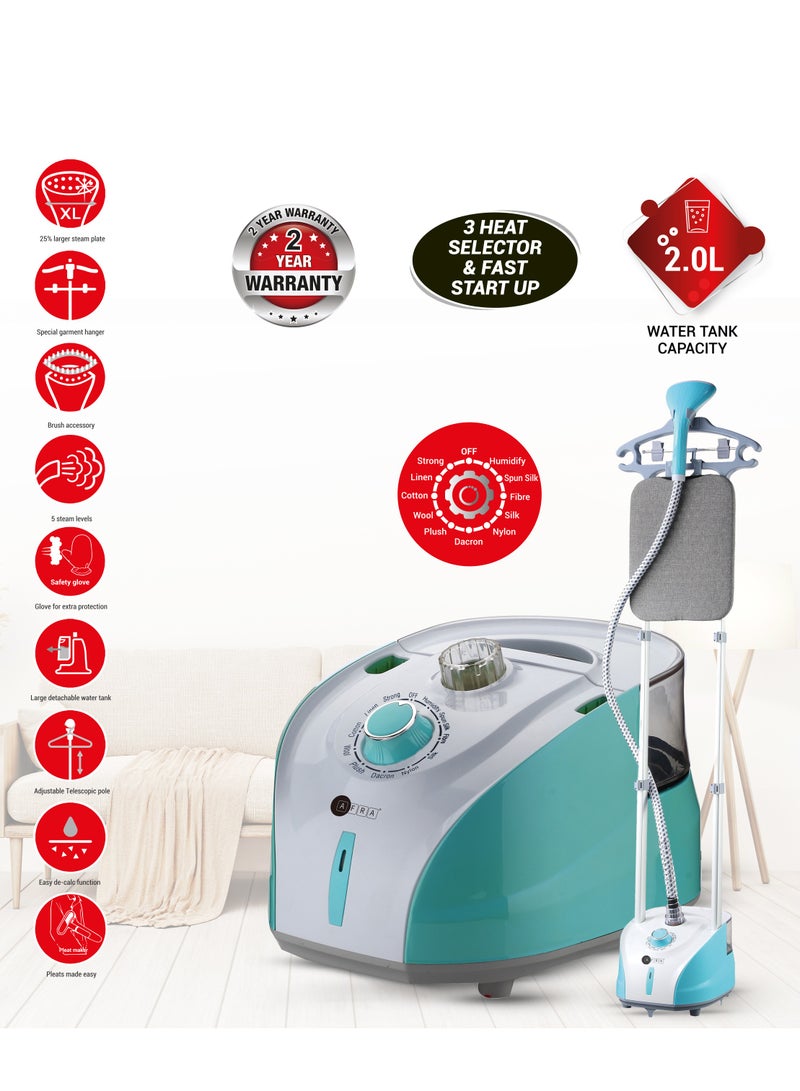AFRA Garment Steamer with Iron Board 2.0L 1950W 30s Heating time, 50mins Working time, 32g/Mins Air output, Adjustable Telescopic Pole, 50 to 132 cm stand height, AF-1950GSWB, 2 Year Warranty. 2 L 1950 W AF-1950GSWB white - Image 4