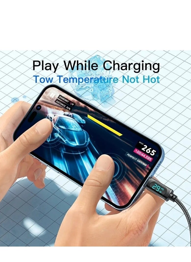 ESSAGER - Super Durable Fast Charging Cable USB Type C PD Cable For iPhone 15 14 13 12 11 8 7 6 Pro Max XS Xr iPad Series PD 29W Fast Charge Charger Lightning Wire Cord And Syncing Data Display Screen 1 Meter - Image 1