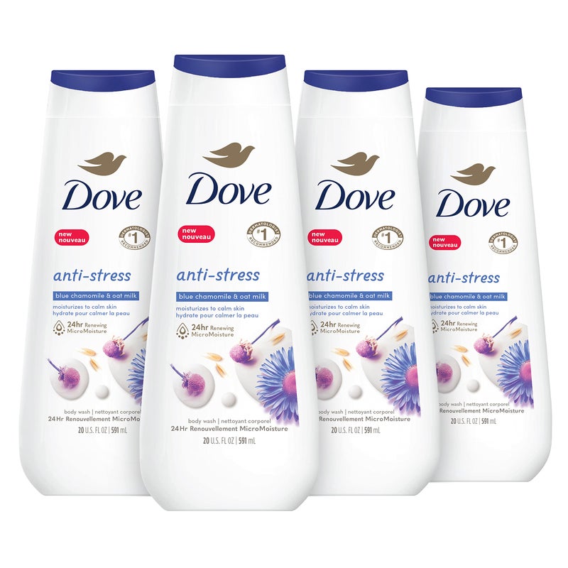 Dove غسول الجسم دوف مضاد للتوتر بخلاصة البابونج الأزرق وحليب الشوفان 4 قطع لبشرة متجددة وصحية المظهر مرطب لطيف على البشرة 20 أونصة مع ميكرو رطوبة متجددة لمدة 24 ساعة - Image 1