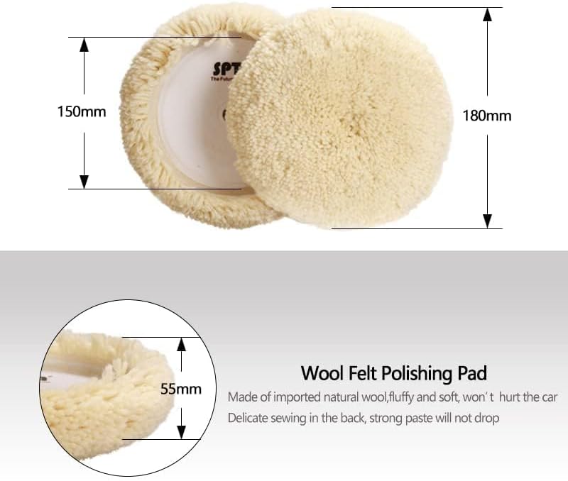 SPTA Wool Polishing Pads, 6"(150mm) 100% Natural Wool Buffing Pad with Hook & Loop Backing 4pcs Set Come with 5/8-11 Thread Backing Plate for Car Polishing, Buffing and Cutting - Image 3