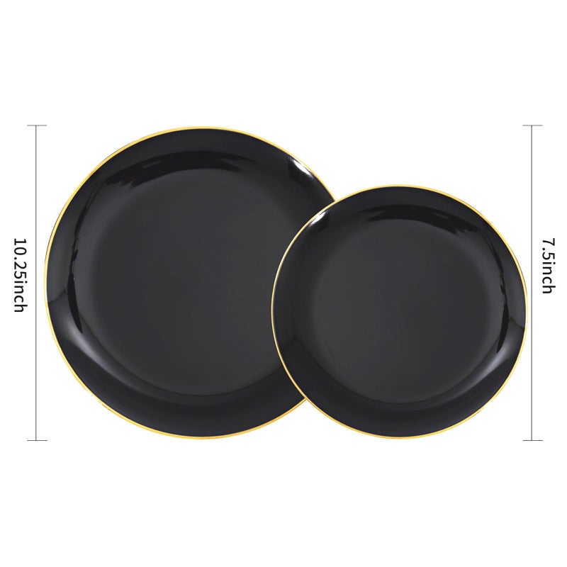 KIRE 100PCS Black and Gold Plates - Black Plastic Plates Disposable with Gold Rim for Halloween Party/Wedding/Birthday Include 50Pcs 10.25inch for Dinner and 50Pcs 7.5inch for Dessert/Salad - Image 5