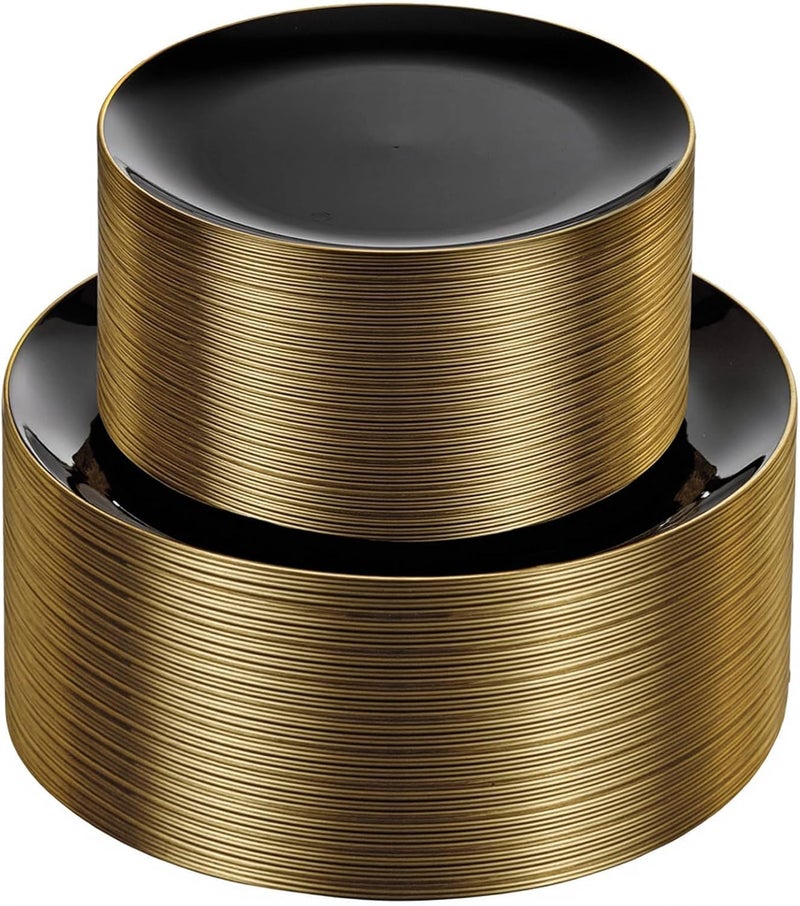 KIRE 100PCS Black and Gold Plates - Black Plastic Plates Disposable with Gold Rim for Halloween Party/Wedding/Birthday Include 50Pcs 10.25inch for Dinner and 50Pcs 7.5inch for Dessert/Salad - Image 1