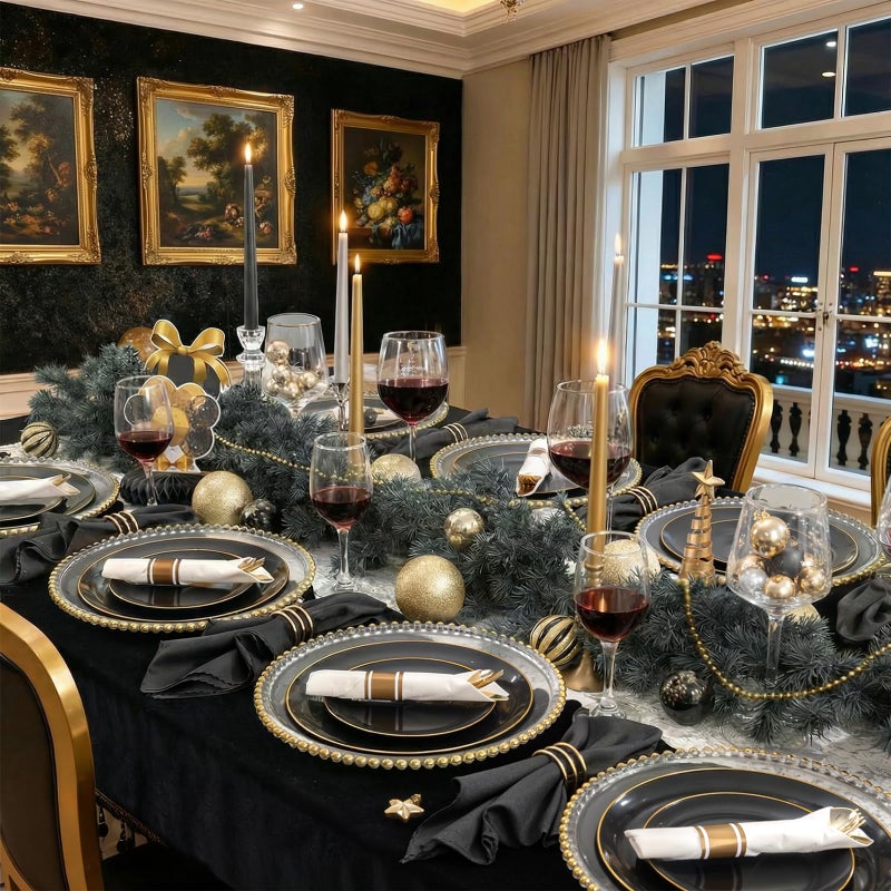 KIRE 100PCS Black and Gold Plates - Black Plastic Plates Disposable with Gold Rim for Halloween Party/Wedding/Birthday Include 50Pcs 10.25inch for Dinner and 50Pcs 7.5inch for Dessert/Salad - Image 2