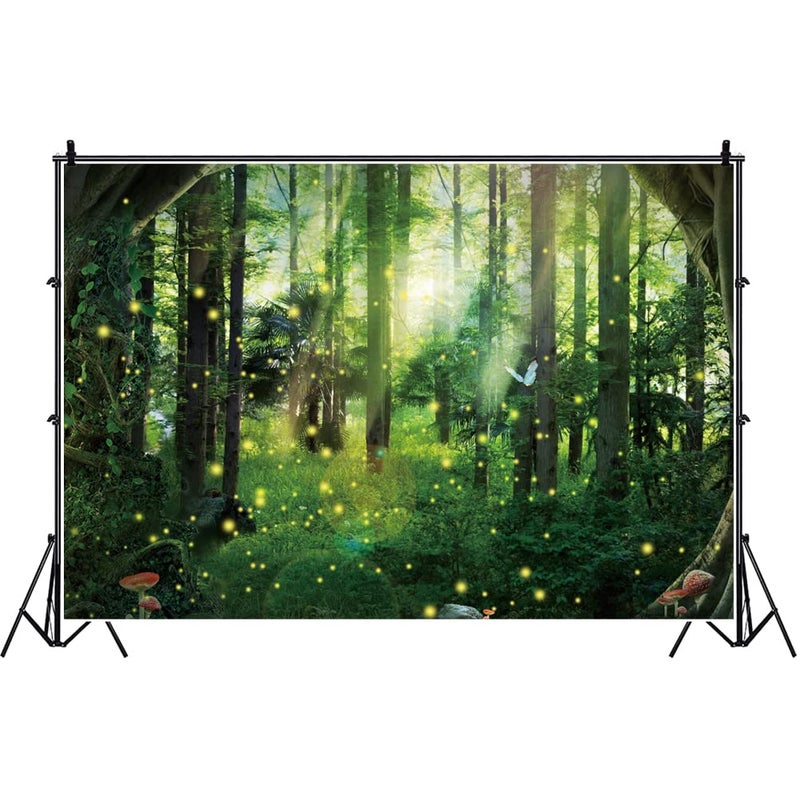 Laeacco 10x8ft Fireflies Photo Backdrop Fairy Tale Forest Background Elf Butterfly Mushroom Children Girl Birthday Backdrops Enchanted Forest Party Events Decor Spring Greeny Forest Home Wallpaper