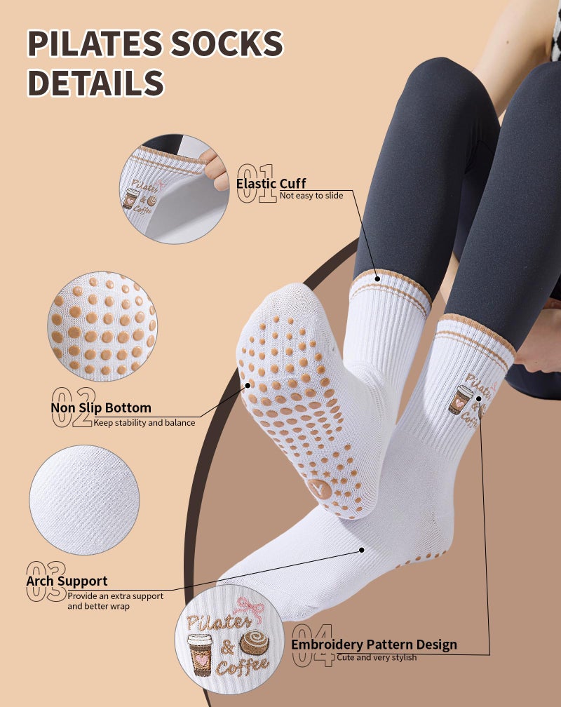 Yawlsow Pilates Grip Socks for Women Yoga Grippy Socks Cute Barre Non Skid Athletic Crew Sticky Sock Workout Hospital (US, Alpha, One Size, Regular, Regular, 1 Pack-Brown) - Image 5