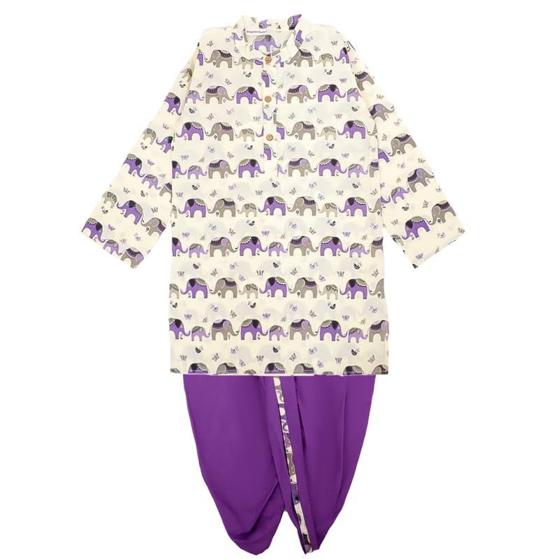 superminis Boys Dhoti Kurta Set Cotton Animal Print Full Sleeves Ethnic Wear for Kids Boys | Kurta Dhoti for Baby Boy | Traditional Dress for Festive (3-6 Months, Purple Lemon) - Image 1