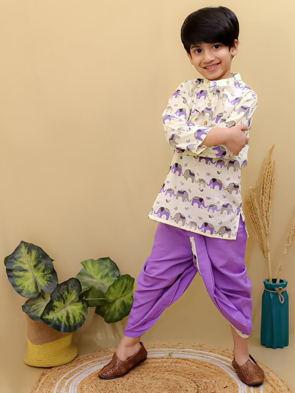 superminis Boys Dhoti Kurta Set Cotton Animal Print Full Sleeves Ethnic Wear for Kids Boys | Kurta Dhoti for Baby Boy | Traditional Dress for Festive (3-6 Months, Purple Lemon) - Image 2