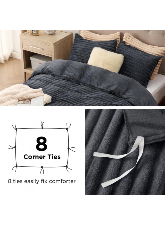 Bedsure Bedsure Fluffy Duvet Cover Set - Ultra Soft Plush Shaggy Comforter Cover Queen Size, Warm Flannel Fleece Bed Sets for Winter, 3 Pieces, 1 Duvet Cover & 2 Pillowcases (Striped Pattern, Dark Grey)  - Image 4