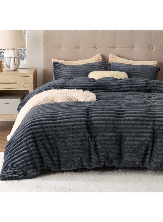 Bedsure Bedsure Fluffy Duvet Cover Set - Ultra Soft Plush Shaggy Comforter Cover Queen Size, Warm Flannel Fleece Bed Sets for Winter, 3 Pieces, 1 Duvet Cover & 2 Pillowcases (Striped Pattern, Dark Grey)  - Image 1
