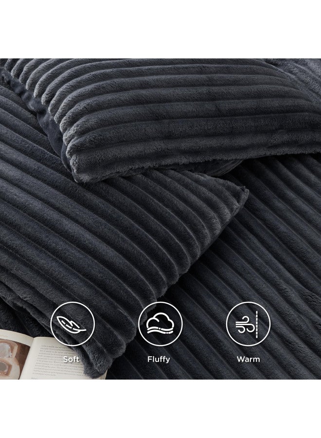 Bedsure Bedsure Fluffy Duvet Cover Set - Ultra Soft Plush Shaggy Comforter Cover Queen Size, Warm Flannel Fleece Bed Sets for Winter, 3 Pieces, 1 Duvet Cover & 2 Pillowcases (Striped Pattern, Dark Grey)  - Image 2